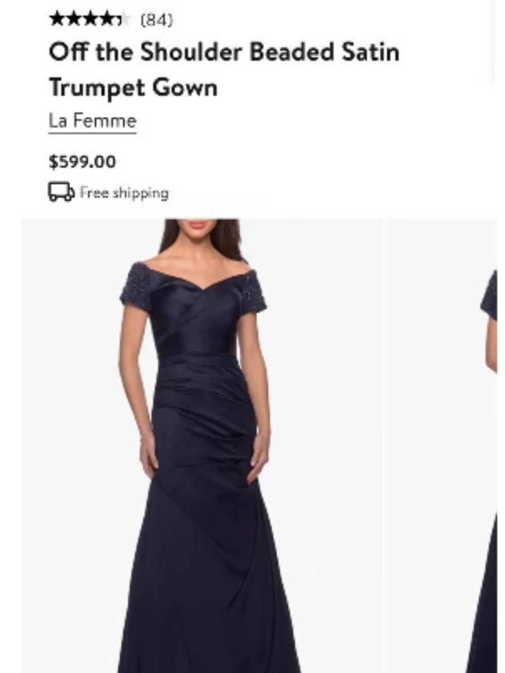 La Femme Navy Off-the-Shoulder Beaded Satin Gown